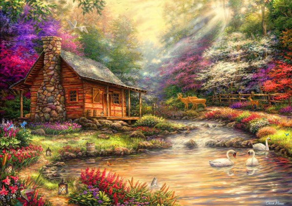 BLUEBIRD, BLUEBIRD-PUZZLE-70206, 3663384702068, PUZZLE EDIFICI BLUEBIRD COTTAGES E CHALETS BROOKSIDE RETREAT 1000 PZ