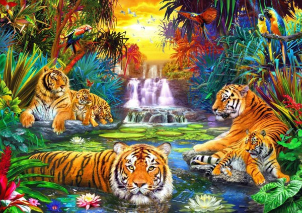 BLUEBIRD, BLUEBIRD-PUZZLE-70155, 3663384701559, PUZZLE ANIMALI BLUEBIRD TIGRI FAMILY AT THE JUNGLE POOL 1000 PZ