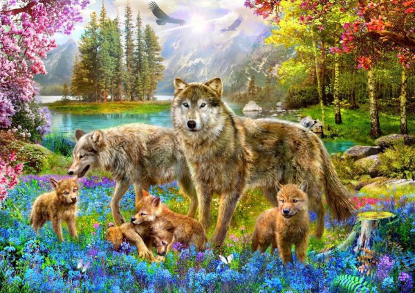 BLUEBIRD, BLUEBIRD-PUZZLE-70195, 3663384701955, PUZZLE ANIMALI BLUEBIRD LUPI SPRING WOLF FAMILY 1500 PZ