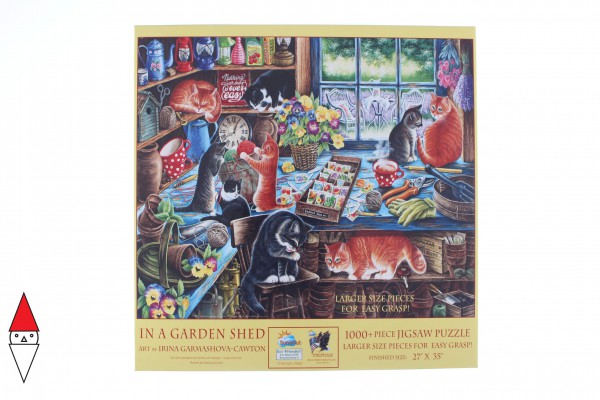 SUNSOUT, SUNSOUT-39423, 796780394230, PUZZLE ANIMALI SUNSOUT GATTI IRINA GARMASHOVA-CAWTON - IN A GARDEN SHED 1000 PZ