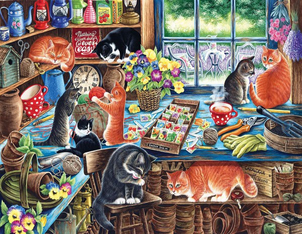 SUNSOUT, SUNSOUT-39423, 796780394230, PUZZLE ANIMALI SUNSOUT GATTI IRINA GARMASHOVA-CAWTON - IN A GARDEN SHED 1000 PZ