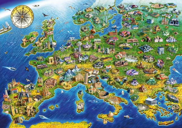 BLUEBIRD, 70322-P, 3663384703225, PUZZLE OGGETTI BLUEBIRD CARTE GEOGRAFICHE EUROPEAN LANDMARKS 1000 PZ
