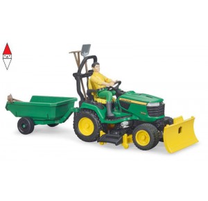 , , , MODELLINO BRUDER JOHN DEERE TRATTORE TOSAERBA CON RIMORCHIO E GIARDINIERE